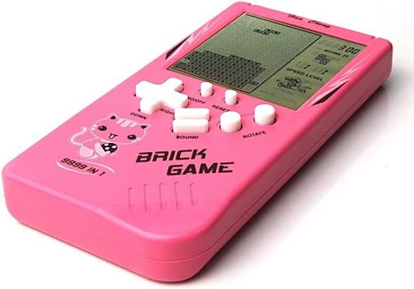 Brick Game Console with 9999 Built-In Games. Play all your favorites like Tetris, Pac-Man, and Donkey Kong. Small and easy to carry.